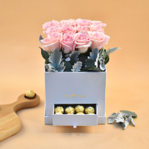Graceful Roses & Ferrero Rocher Drawer Box: Flowers And Chocolates