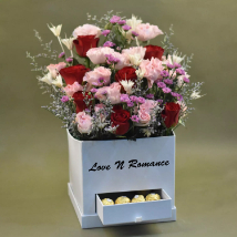 Red & Pink Flowers in Box: Flower N Chcocolates For Anniversary